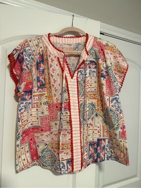 JODIFL Multicolor Patchwork Peasant Blouse with Red Trim
